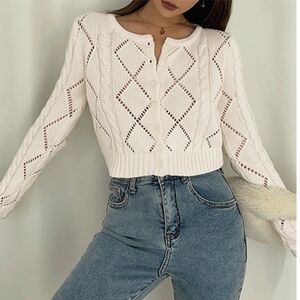 Commense Diamonds Eyelet Button Up Knit Top